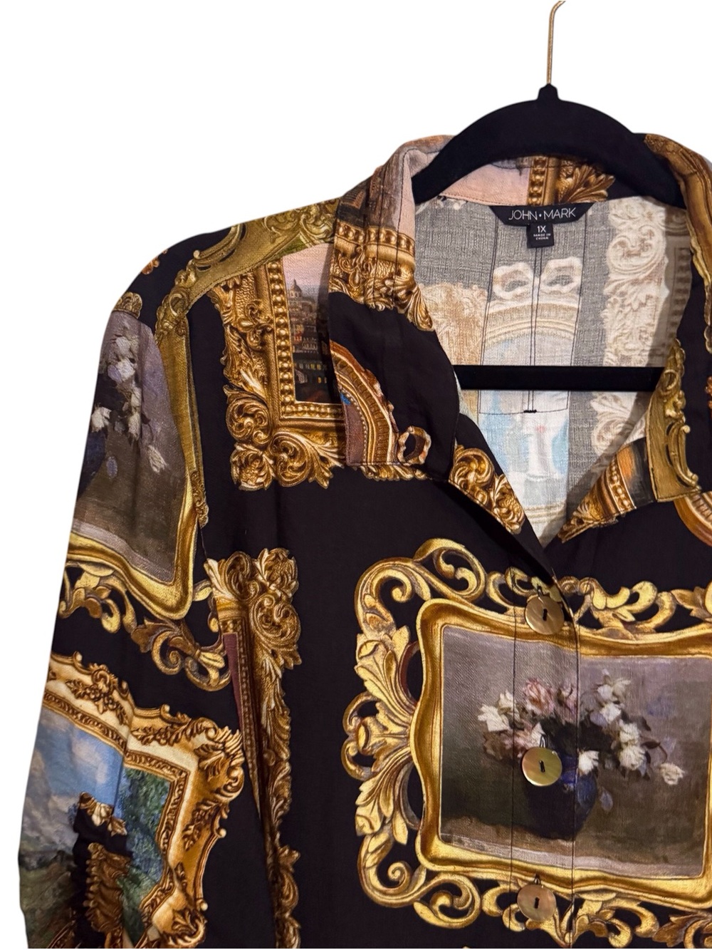 John Mark Size 1X Museum Artwork Button Up Top Art Floral Framed Artists - Picture 2 of 8